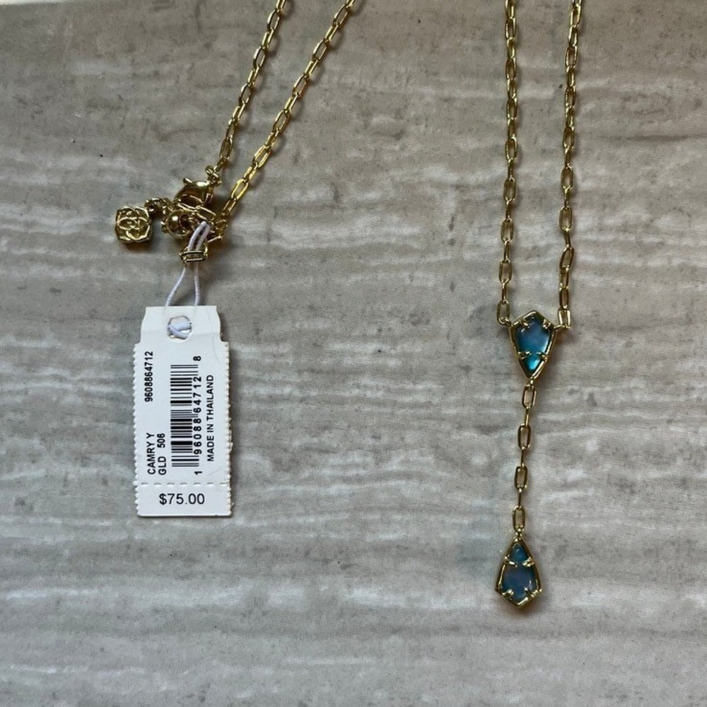 Kendra Scott Gold Tone Teal Blue Stone Lariat Necklace and Slider Bracelet Set - Picture 2 of 7